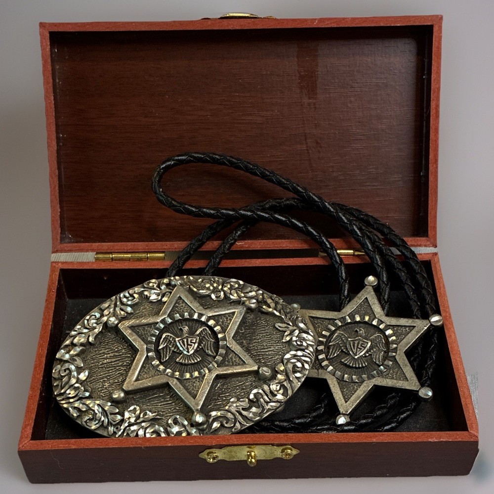 VTG 1992 EGE Diamond Cut Heavy Pewter US Marshall Buckle and matching Bolo Tie