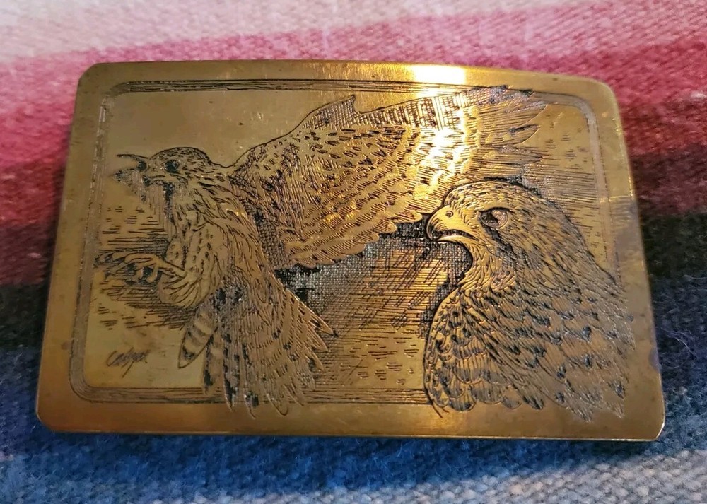 Vintage Belt Buckle Ampersand Brass Engraved Hawk Bird Design Kalamazoo, MI