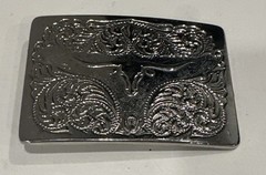 VTG Designer Western Cowboy Belt Buckle Unisex Silver Tone Rectangular Steer