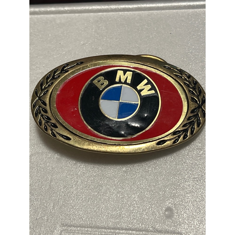 Vintage BMW Belt Buckle Brass Tone Red Enamel Logo Oval Laurel Wreath Automotive