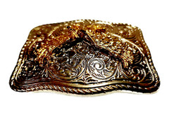 EAGLE Belt BUCKLE Gold on Silver Rectangular Metal w Rope Edge Western/Biker/USA