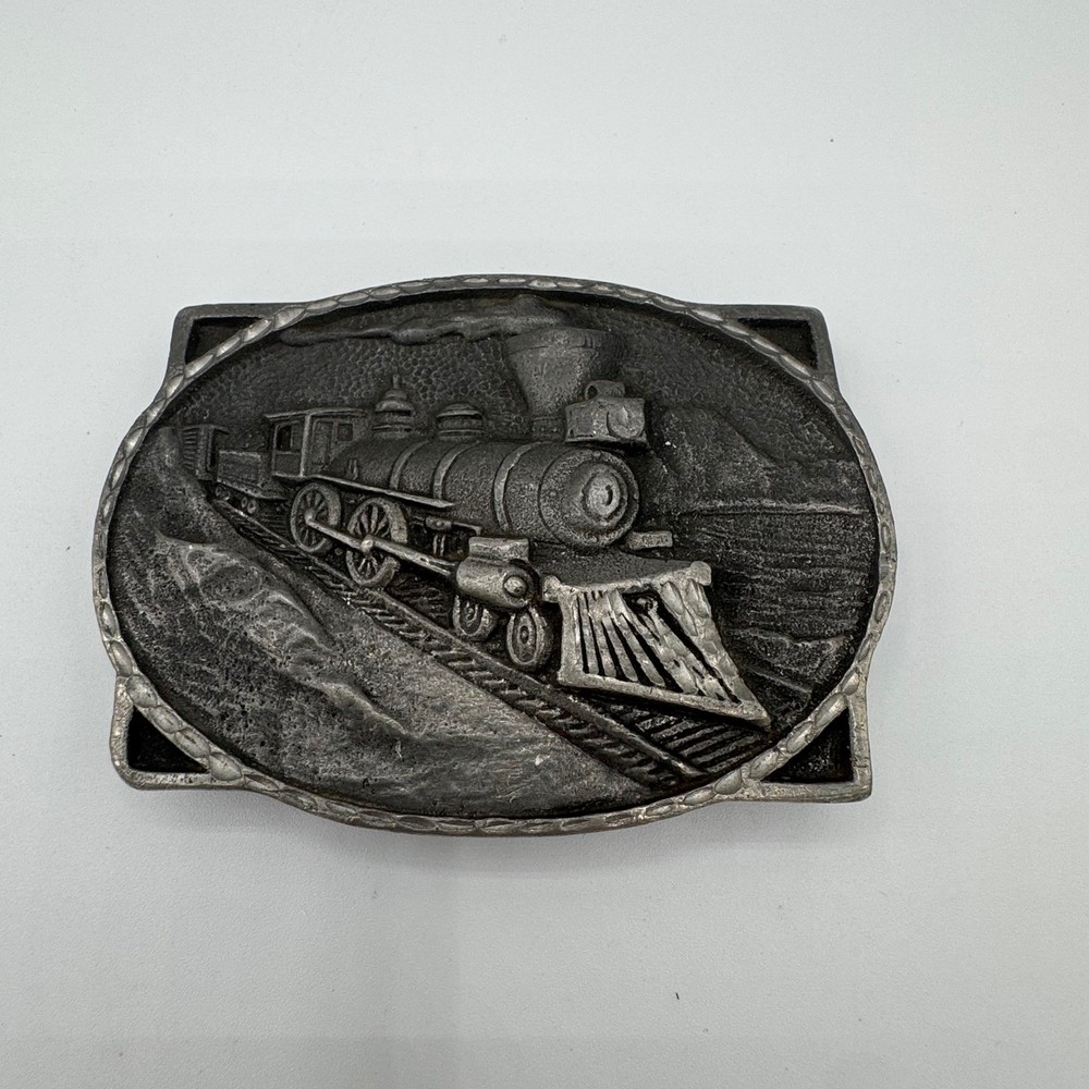 Vintage Steam Locomotive Train Belt Buckle Pewter Tone Railroad Mountain Scene