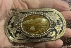 Retro Western Cowboy Belt Buckle Stone Oval Cowgirl, Silver Tone With Leaves