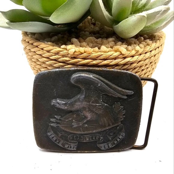 70&rsquo;s Serve with Head Heart and Hand Belt Buckle Solid Brass Eagle Patriotic Vtg