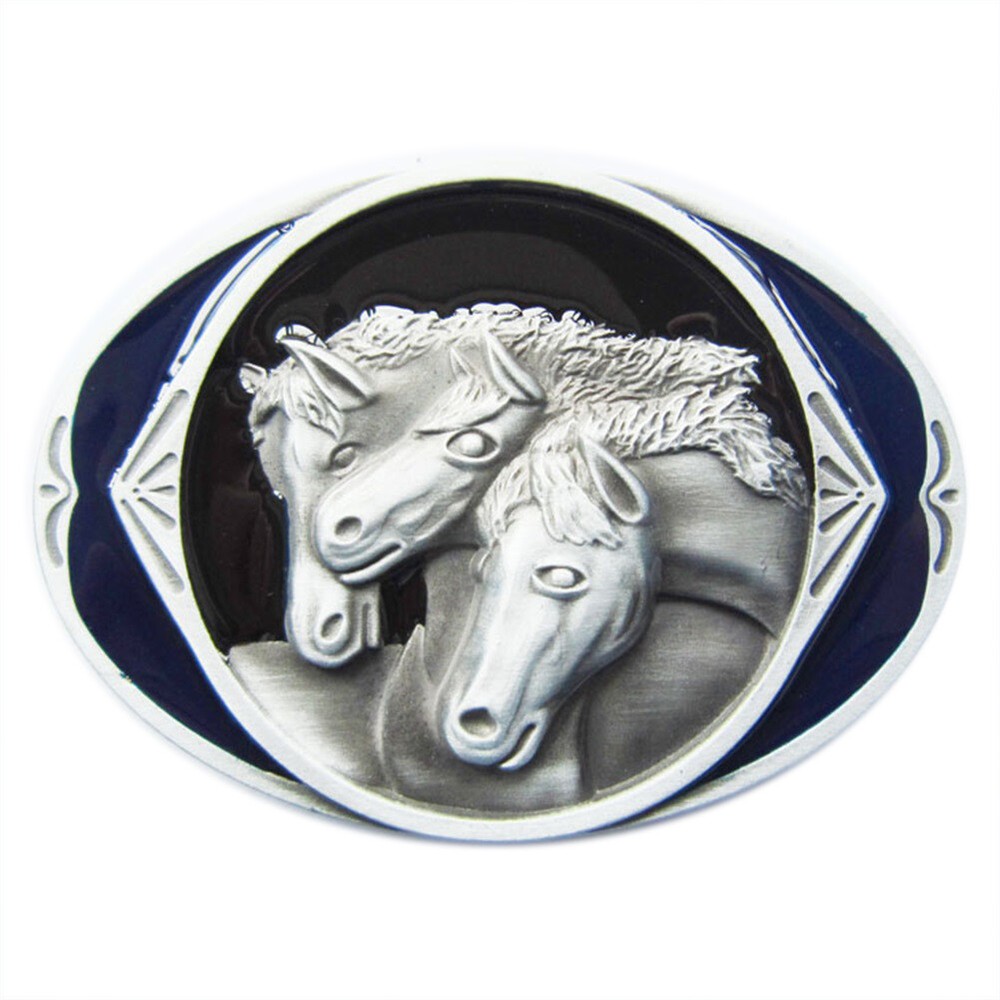 Three Horses Western Cowboy Oval Blue Enamel Metal Belt Buckle
