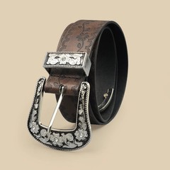 Vintage Carved Buckle Belt for Women Men – Brown Textured Floral Print