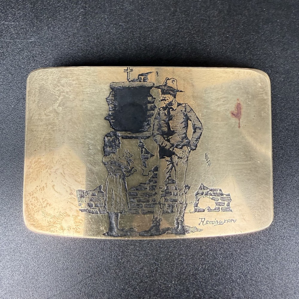 Vtg Remington Brass Belt Buckle Western Cowboy Ruins Girl Cat Etched Signed
