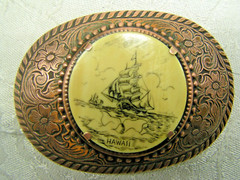 Clipper Ship Scrimshaw Belt Buckle Copper Hawaii