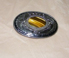 Vintage TIGER EYE Gemstone BELT BUCKLE Polished Stone linlay WESTERN Cowboy