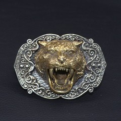 Brass & White Copper 3D Tiger Belt Buckle, Suitable for belts 1.5-in wide
