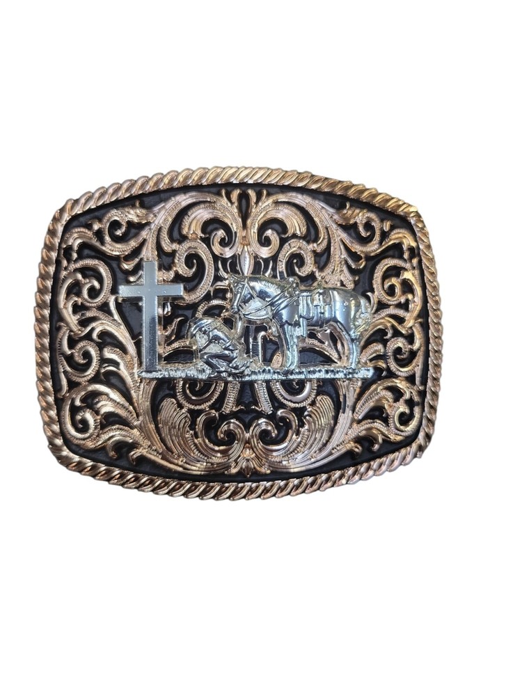 Christian Cowboy Belt Buckle For Man 4.25&Prime;x3.25&Prime; Gold Copper Tone/Black
