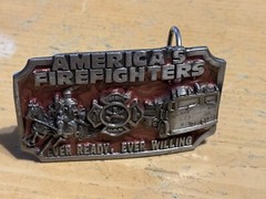 1983 AMERICA&rsquo;S FIREFIGHTERS BELT BUCKLE -EVER READY EVER WILLING Colorful Enamel