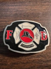 Belt Buckle Bakery 1670 Firefighter Enamel FD VTG Metal Helmet Logo Axe Ladder