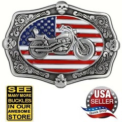 Skulls & V-Twin Motorcycle Belt Buckle • Enameled American Flag Red White Blue