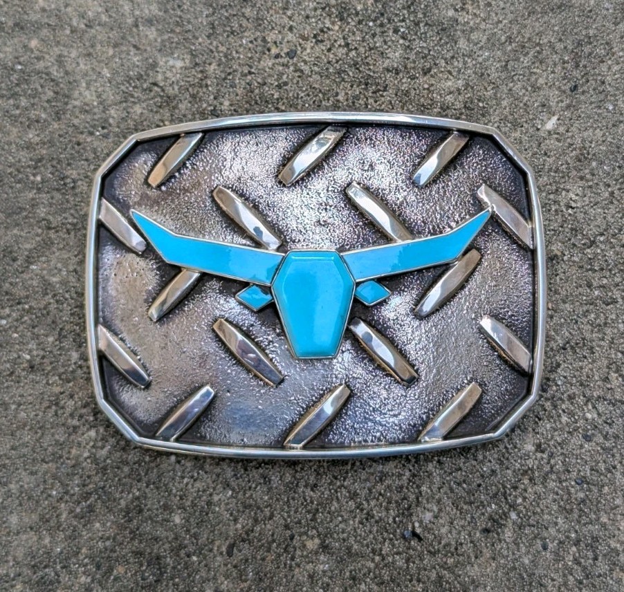 Douglas Magnus Santa Fe Turquoise Longhorn Sterling Diamond Plate Trophy Buckle
