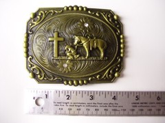 Belt Buckle Praying Cowboy Kneeling at Cross Western Floral Large 4.5&Prime;x 3.5&Prime;