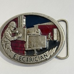 C & J Belt Buckle Electrician Silver Red Blue Tone Oval Electric Work Men’s