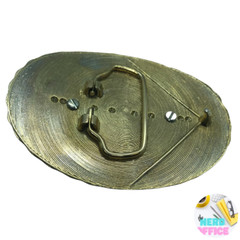 Belt Buckle Western Style Gold Tone Oval Stage Coach Gold Flake Inlaid Vintage