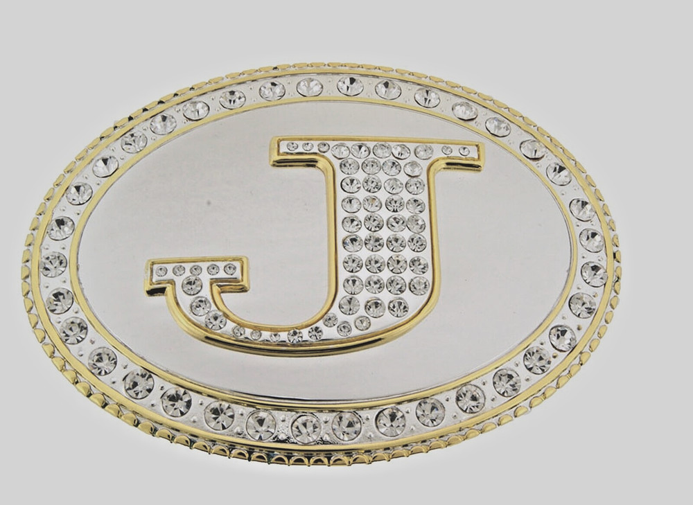 Initial J Letter Monogram Western Cowboy Men Women Gold Bling Metal Belt Buckle