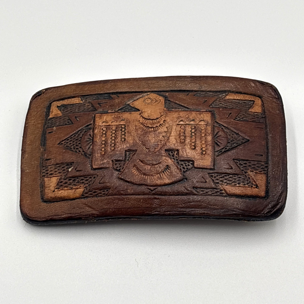 Vintage Leather Hand Tooled Belt Buckle Thunderbird