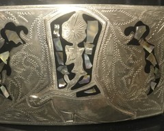 SILVER BELT BUCKLE ABALONE Cowboy Boot INLAYS MARKED ALPACA