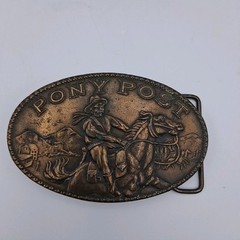 Vintage 70s Pony Post Express Brass Metal Belt Buckle Montauk Silver Company