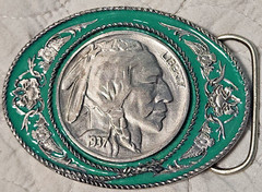Siskiyou Oval 1937 Buffalo Nickel Coin Enamel & Metal Belt Buckle E-5