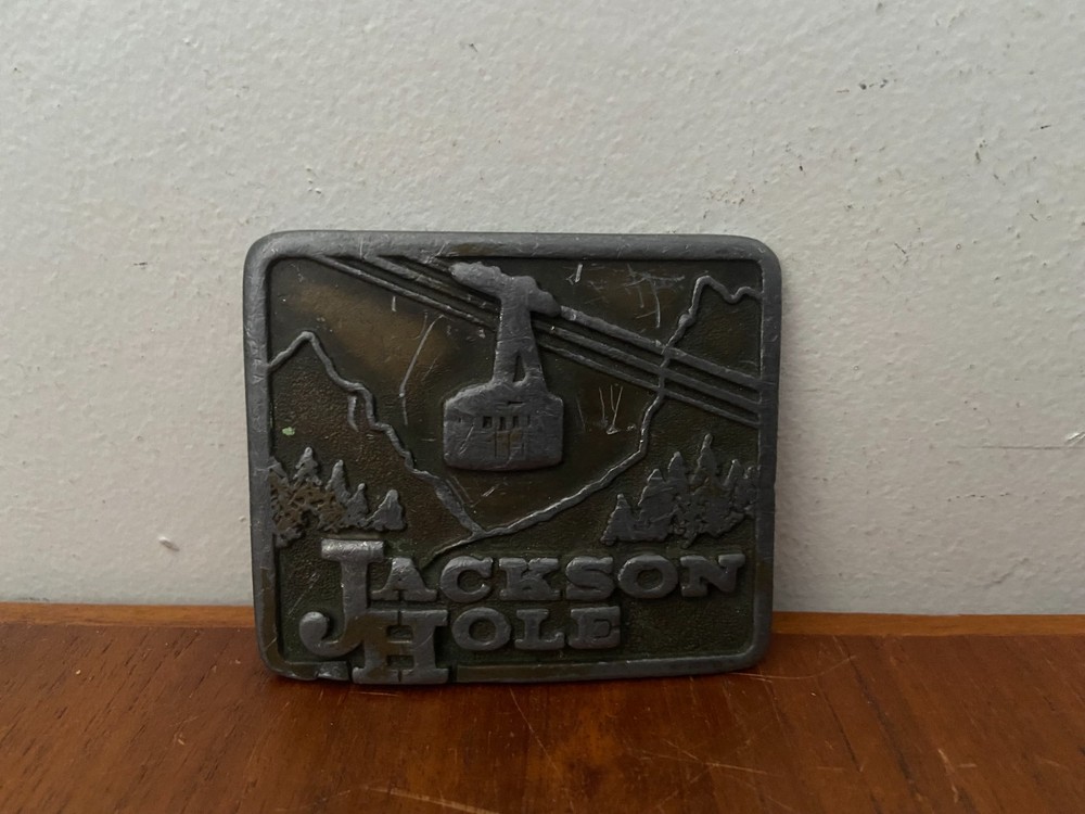 Vintage 1975 Cowboy Jackson Hole Wyoming Brass Belt Buckle Made In USA Ski Lift