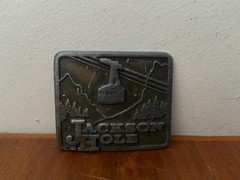 Vintage 1975 Cowboy Jackson Hole Wyoming Brass Belt Buckle Made In USA Ski Lift