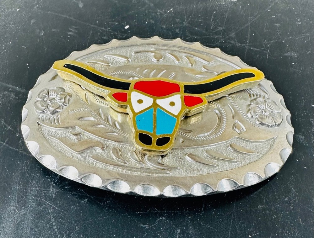 Silver Toned Longhorn Steer Cattle Belt Buckle Cowboy Cowgirl Vintage Western