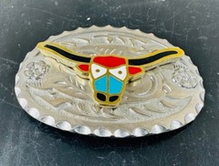 Silver Toned Longhorn Steer Cattle Belt Buckle Cowboy Cowgirl Vintage Western