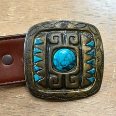James Reid Leather Belt Size 37 Turquoise & Bronze Native American Belt Buckle