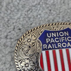 Union Pacific Railroad Belt Buckle Mens Silver Enamel Western Train Logo