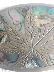 VTG Belt Buckle Mexican Abalone Inlay Silver Marijuana Leaf 420 Weed Cannabis