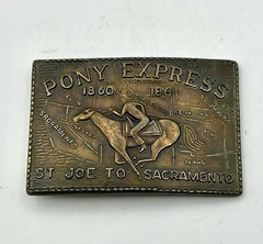 Vintage Brass Pony Express St. Joe To Sacramento Belt Buckle 3 1/2&Prime; Bronze Tone