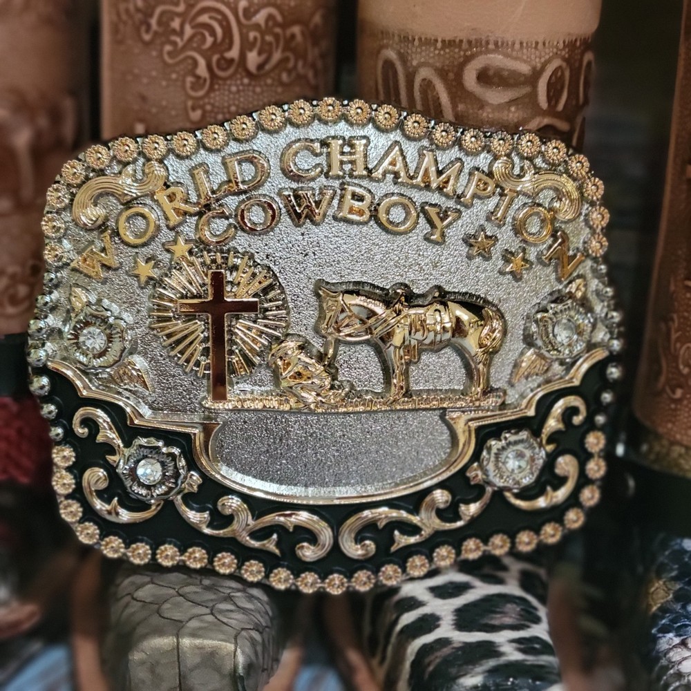 Praying Cowboy Champion Belt Buckle Western Hebilla Rodeo Silver & Rosetone
