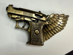 Winged Gun Flying Pistol Handgun Figural Cutout Brass Tone Large Belt Buckle