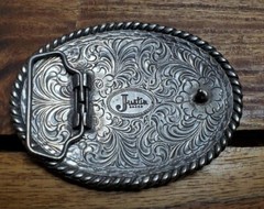 Justin Boots Brand – Silver Belt Buckle Fillagree Engraved Scroll Work Oval