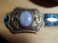 Man&rsquo;s Belt Buckle Gold Tone Blue Lace Agate Stone, fits a 1 1/2 Belt