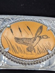 Vtg Mallard Duck Scrimshaw Style Belt Buckle Resin Wildlife Western Mens Olson