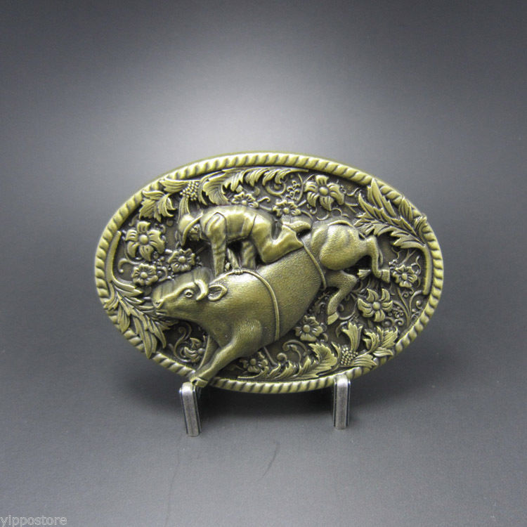 Vintage Bronze Bull Rodeo Western Oval Cowboy Metal Belt Buckle