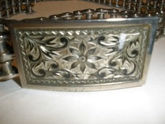 Vintage Motorcycle Chain Belt With Etched Buckle 34&Prime; end to end including buckle