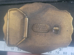 Tall Ship Adezy Denver Bronze Belt Buckle with Rare Scroll Frame Vintage 1978