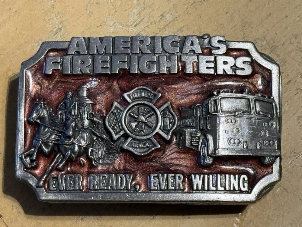 1983 AMERICA&rsquo;S FIREFIGHTERS BELT BUCKLE -EVER READY EVER WILLING Colorful Enamel