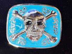 Jolly Roger Pirate Skull Head & Crossbones Blue Enamel Colored New Belt Buckle