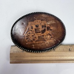 Vintage Western Stagecoach Belt Buckle Tooled Leather Brass Oval Cowboy