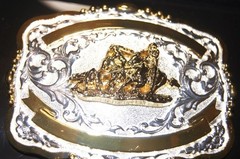 Lightning Ridge Crumrine Western Belt Buckle Trophy Team Roper 2 Ribbons 38568