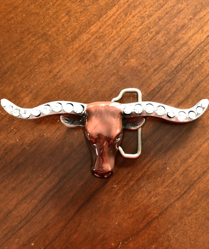Red Headed Rhinestone Longhorn Cow Steer Bull Head Unisex Men’s Belt Buckle