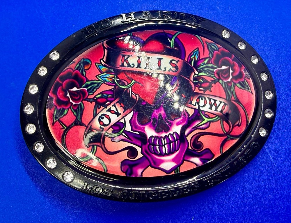 Ed Hardy Love Kills Slowly Signature Tattoo Skull with Rhinestones Belt Buckle