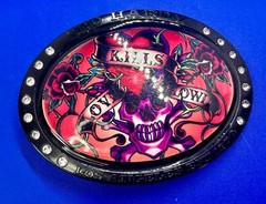 Ed Hardy Love Kills Slowly Signature Tattoo Skull with Rhinestones Belt Buckle